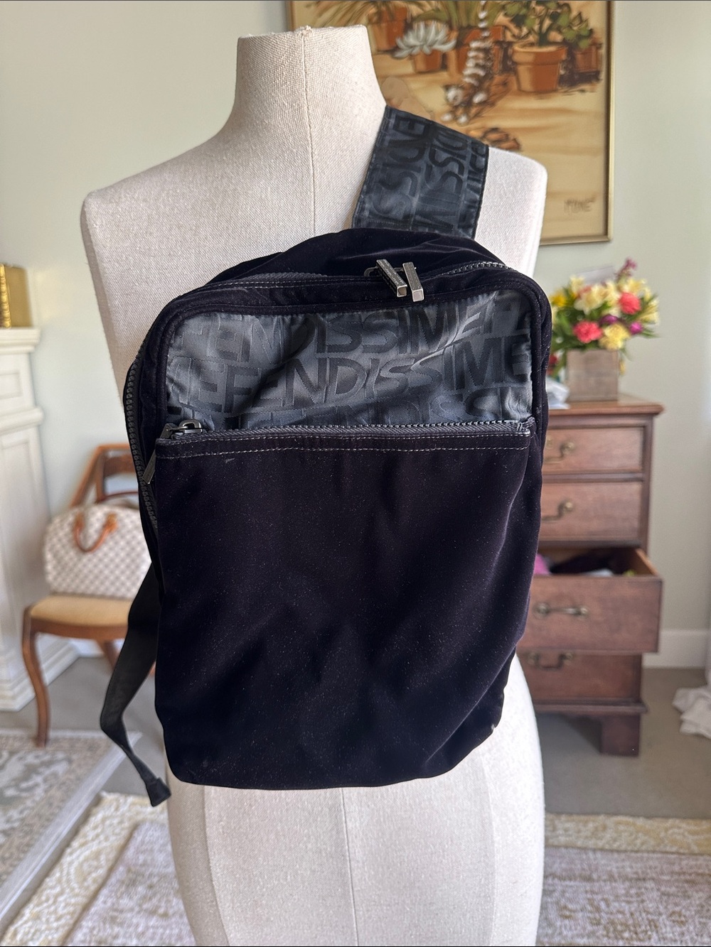 Fendissme by FENDI Y2K Black Velvet Belt Bag with Monogram Lining